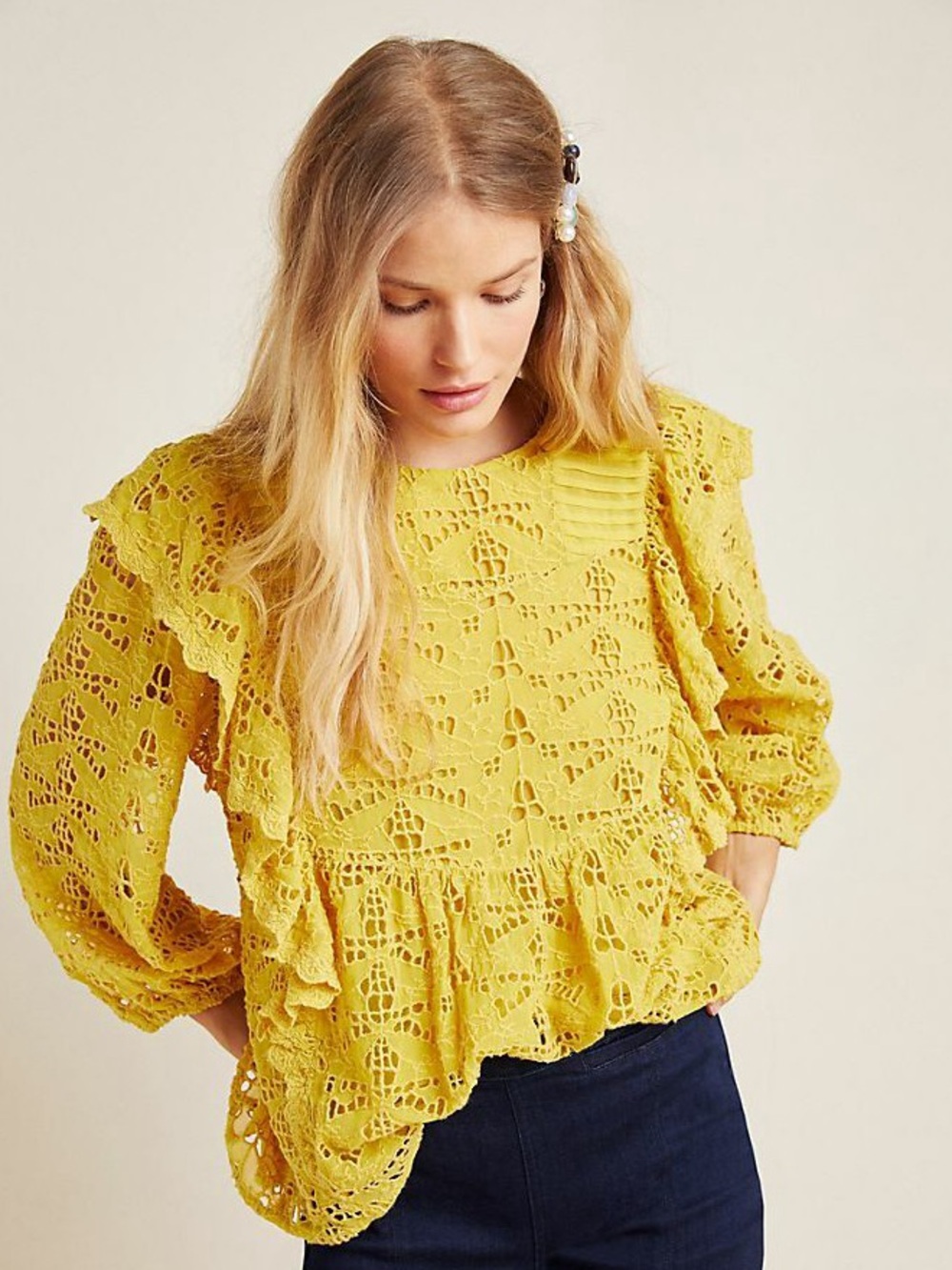 Anthropologie Clementine Blouse Eyelet Ruffle top Puffed long Sleeve marigold - Picture 2 of 11